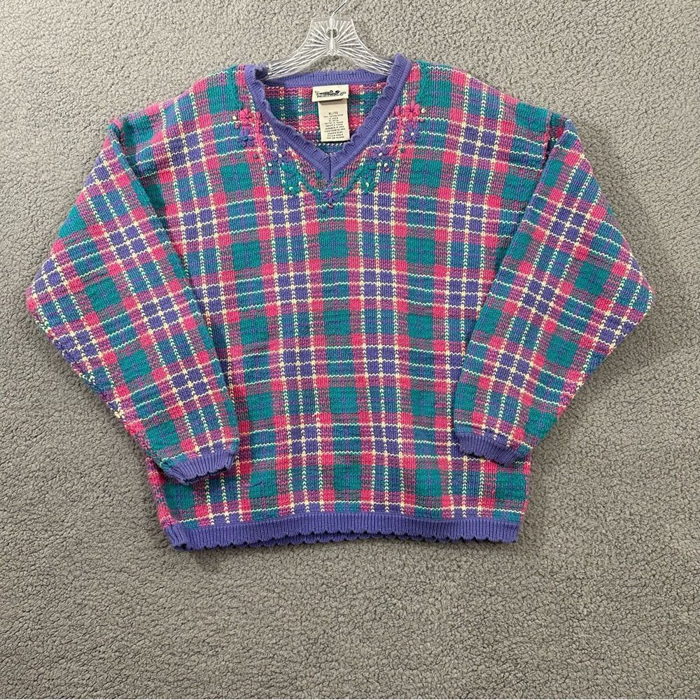 VTG Rainbow Reflections Plaid Floral V-Neck Sweater Womens Xl PreOwned